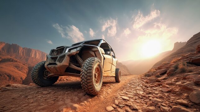 A rugged all-terrain vehicle navigates a rocky desert trail, bathed in the warm light of the setting sun with mountains in the background.