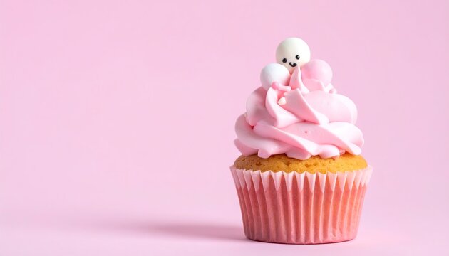 Sweet cupcake in kawaii style, pastel pink frosting and cute smiley face candy topper. Perfect for birthdays, weddings, parties, and bakery treats everyone loves. - Powered by Adobe