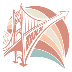 Stylized bridge with arrow, representing progress