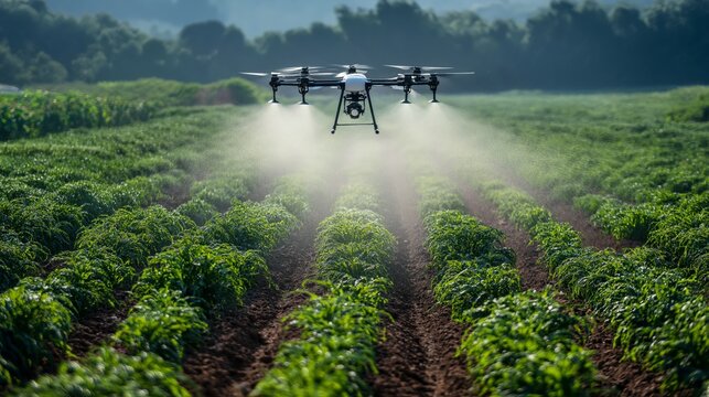 Modern industrialized agriculture using technology , a drone fly over crops field spraying organic compound or pesticide 