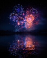 Nocturnal Fireworks Symphony - Vibrant Explosions Mirrored in Calm Waters.