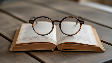 Round glasses resting on an open book placed on a wooden surface