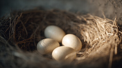 Fresh eggs resting in a natural nest made of twigs and grass, illuminated by soft warm light, creating a calm and serene ambiance in a rustic setting.