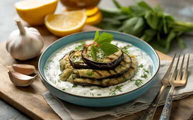 Melitzanosalata is a sauce made from grilled eggplant pulp with garlic, yogurt, lemon juice and herbs.