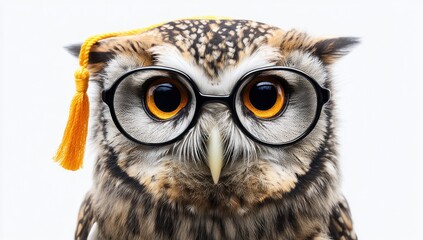 Fototapeta premium A charming owl, adorned with spectacles and a graduation cap, embodies wisdom and learning, set against a clean white backdrop.