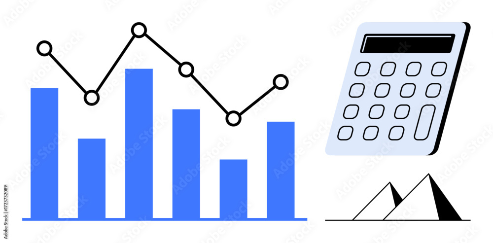 Poster bar graph with line chart, calculator, and triangles visually representing analysis, calculation, an