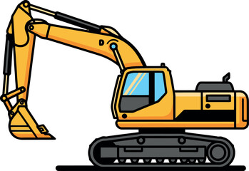Side view of a yellow hydraulic excavator on crawler tracks, an isolated vector graphic illustration for construction projects