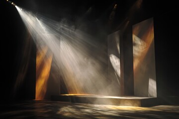 Dramatic stage lighting with beams of light illuminating a minimalist set design featuring tall panels, creating an atmospheric and artistic performance space for theatrical productions
