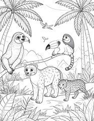 Black and white coloring page of jungle animals