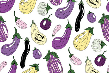 seamless pattern with purple, yellow and white eggplants of different shapes in doodle style