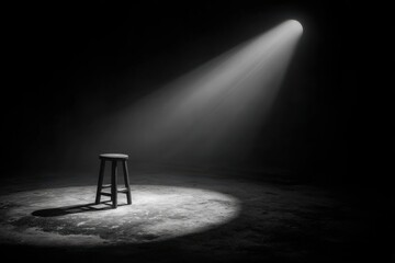 Wooden stool illuminated by a single beam of light in a darkened space, creating a dramatic atmosphere and emphasizing solitude and contemplation in a minimalist setting