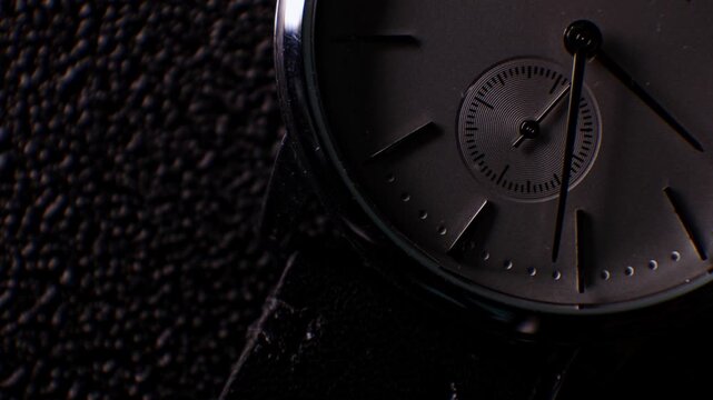 White dial of a mechanical wristwatch with fast-moving hands and alternating dark/light backgrounds, concept of continuous and rapid time flow.