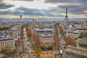 Aerial panoramic cityscape view of Paris, France with the Eiffel tower.