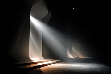 Dramatic fashion runway illuminated by beams of light, showcasing sleek architectural elements and shadows, creating a captivating atmosphere for a high-end fashion event