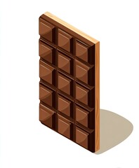 Isometric view of a chocolate bar.  Dark brown, rectangular bar with square sections.  Light brown wrapping visible at the edges.  3D style, simple shadow