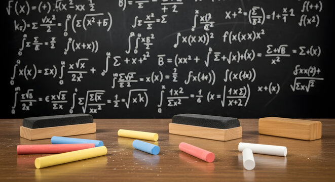 Complex Math Equations on Black Chalkboard with Colorful Chalk and Erasers on Wooden Desk