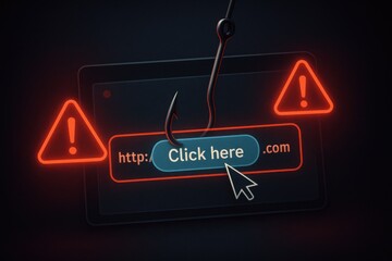 Phishing link and scam alert concept. A “Click here” button is caught on a fish hook over a fake URL with warning signs, symbolizing malicious websites, cyberattacks, and internet fraud.