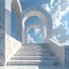 A pristine white marble stairway leading to arches under a clear sky