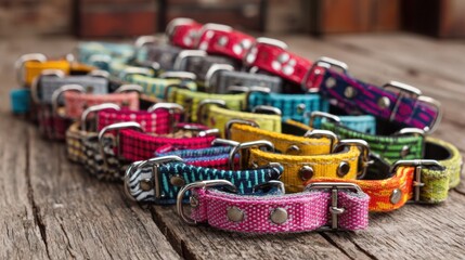 Medium shot of colorful pet collars arranged neatly on a rustic wooden table with soft background blur enhancing the vibrant patterns