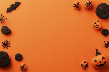 Halloween background with skulls, pumpkins, bats and spiderweb decorations on bright orange backdrop, ideal for party invitations, banners, and seasonal promotions