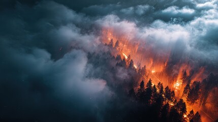 Intense Wildfire Consuming Forest Under Dark, Turbulent Sky - Environmental Catastrophe.