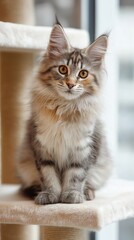 cute fluffy cat curiously look at camera