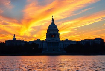 Obraz premium Iconic Washington DC skyline silhouette at sunset, featuring Capitol dome and monuments, capital, twilight