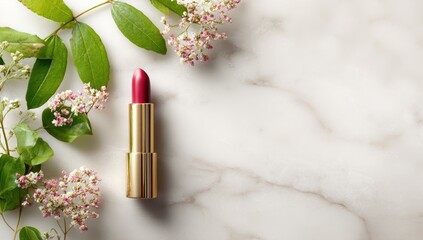 Elegant red lipstick with delicate floral accents on a luxurious marble surface.
