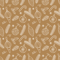 Golden seamless Christmas pattern with ornaments and fir branches