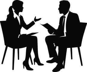 Business meeting silhouettes of man and woman sitting on chairs, office discussion, negotiation, teamwork communication, corporate conversation illustration