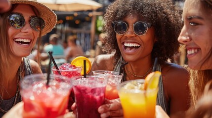 Joyful Beachside Celebration - Friends Toasting with Colorful Cocktails.