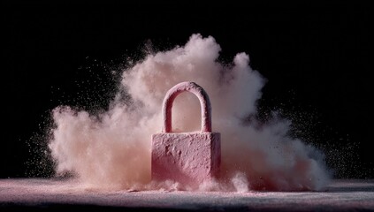 Mysterious pink padlock dissolving into a cloud of dust against a dark background.