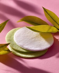 Cosmetic cotton pads with green leaves on a pink background.
