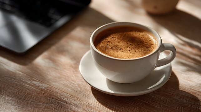 A white cup of coffee with crema rests on a saucer on a wooden desk next to a laptop bathed in warm sunlight