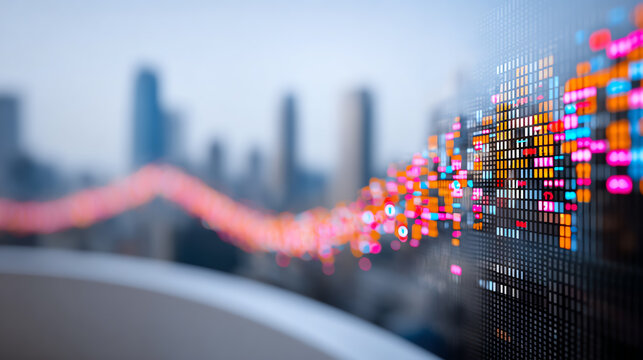 Abstract digital data visualization with colorful patterns representing financial trends in a modern cityscape.