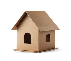 A simple cardboard house model, light beige in color, sits on a white background.  It has a peaked roof and two small windows cut out