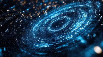Abstract digital artwork futuristic circular structure with blue and orange lighting