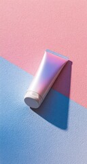 Iridescent cosmetic tube with a strong shadow on a pink and blue background.