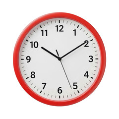 A photorealistic circular wall clock with a vibrant red frame, white face, black Arabic numerals, and hands precisely at 1:00, isolated on white background with copy space, concept of precise time