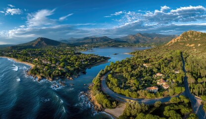 Panoramic coastal view of a Mediterranean bay.  Coastal road winds through lush greenery, meeting the ocean's edge.  Houses and small town nestled in the valley beneath the mountains.