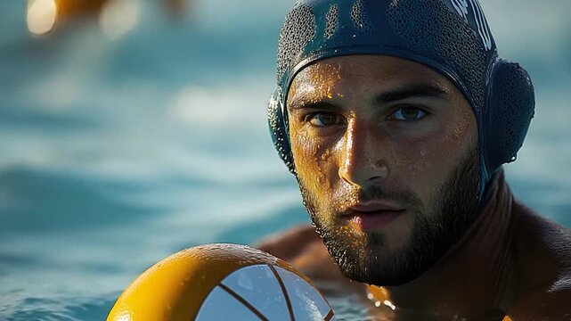 A person holding a water polo ball in the water, suitable for sports or training images