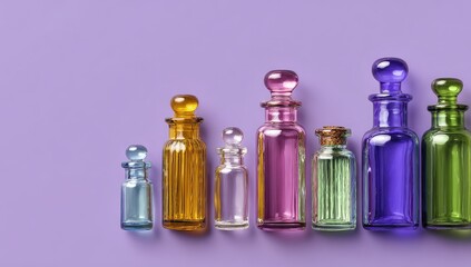 A collection of colorful vintage glass bottles in a row on a purple background.