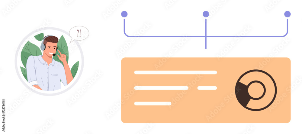 Poster customer support agent speaking with headset flowchart and analytics dashboard. ideal for communicat