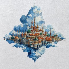Imaginative watercolor illustration of a mythical city in the clouds.
