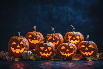 Glowing Orange Carved Pumpkins with Halloween Faces on Dark Background