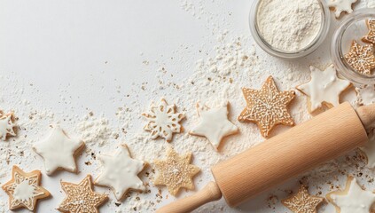 Festive Christmas cookie baking scene with star shaped gingerbread and a rolling pin on a white background with flour.