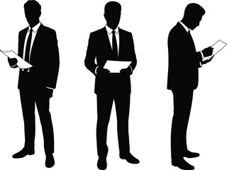 Businessmen reading documents silhouette, office workers analyzing papers, corporate professionals illustration, formal suit design, business concept artwork, management report vector illustration