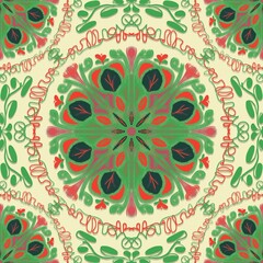 seamless pattern with flowers,green, red curves,painted create to flower shape,leaves with yellow background in geometric patterns as sarong,fabric,tile,printed fabric,batik,tablecloth patterns.