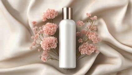 White cosmetic bottle mockup with delicate pink flowers on a luxurious beige silk background.