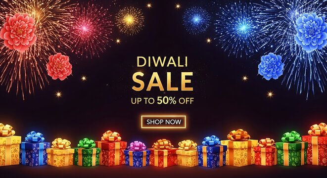 Celebrate Diwali with this vibrant sale background featuring colorful fireworks and festive gift boxes perfect for holiday promotions and engaging marketing campaigns